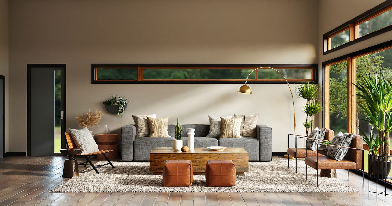 Modern living room with refined finishing and warm light